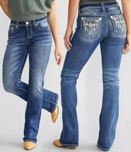 Vintage Western-style Women’s Jeans with Feather Embroidery Flared Pants Elegant and Casual Mid-rise Long Pants Stretch Pants