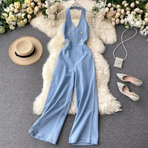 Vintage Wide Leg Women’s Suspenders Sleeveless Denim Jumpsuit