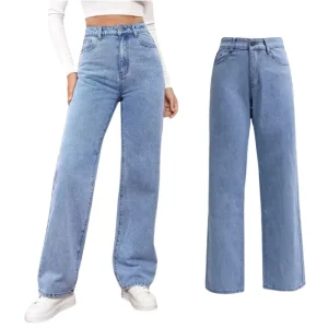 Vintage Women Straight Denim Pants Slight Stretchy Pockets Wide Leg Trousers High Waist Loose Long Jeans