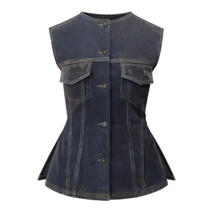 Vintage Women’s All Match Slim Denim Vest Clothing Tops Workwear Vintage Washed Distressed Sleeveless Jacket Summer Style