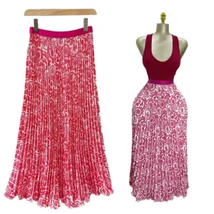 Vintage Women’s High Waisted A-line Mid Length Pleated Skirt with Large Swing Hanging Printed Skirt