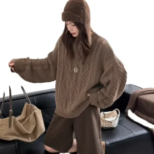 Vintage Women’s Knit Pullover Sweater, Anti-Pilling Solid Neck, Thick Loose for Autumn Winter