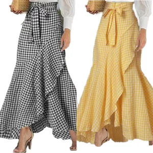 Vintage Women’s Plaid Mermaid Half Skirt Beaded Irregular Hem High Waist Casual Umbrella Wrap Long Skirt Polyester Blend