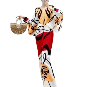 Vintage Women’s Pleated Dress Loose Digital Printed Batwing Sleeve Evening Dress