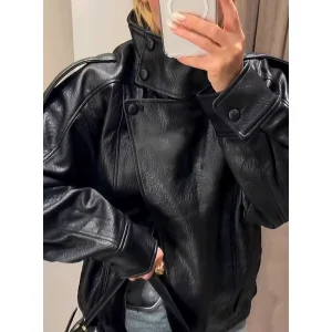 Vintage Women’s Spring Autumn PU Faux Leather Motorcycle Jacket with Zipper Closure Pebble Texture