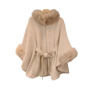 Vintage Women’s Winter Rabbit Fur Collar Shawl Waist Belt Faux Fur Coat