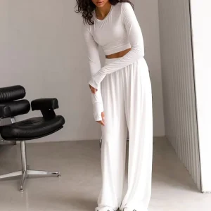 Viscose Casual Nightwear O-neck Top Sleepwear and Long Pants Set Soft 2 Piece Lounge Sets Matching Fall Outfits Pajamas Casual