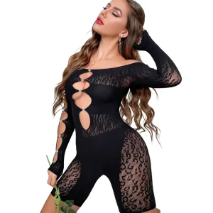 WN106 Cross Border Summer Sexy One Piece Hot Stone Leopard Print Mesh Nylon Bodysuit Figure Hugging Long Sleeve Jumpsuit