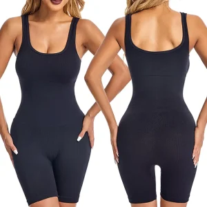 WS653 Women’s Summer Ribbed Sleeveless Tank Bodycon One Piece Romper Exercise Fitness Short Jumpsuits Seamless Yoga Set