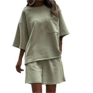 WT1301 Women’s Eco-Friendly Casual Lightweight Polyester/Cotton Sportswear Set Solid Color Short Sleeve Neck Shorts Custom
