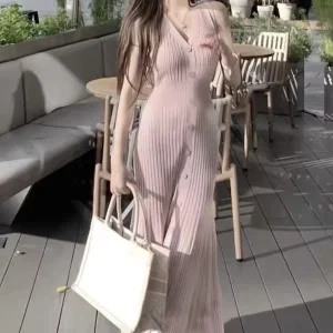 Waist-Cinching Spaghetti Strap Pink Vest Dress Women’s Autumn Inner Base Knitted Short A-Line Skirt V-Neck