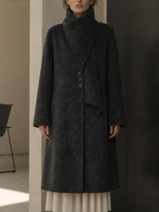Warm Wool Blend Coat with Removable Scarf Longline Women’s Overcoat