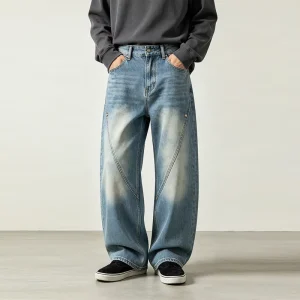 Washed Denim Jeans Baggy Wide Leg Pants Curved Seam Panel Contrast Stitching Apparel Factory