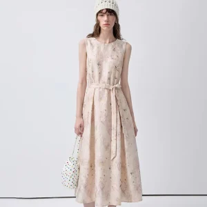 Watercolor Floral Midi Dress For Women Round Neck Sleeveless A Line Skirt Breathable Daily Vacation Summer Dress