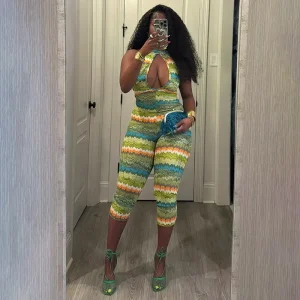 Wave Pattern Print Jumpsuit Woman O Neck Hollow Out Backless Skinny Peach Hip Hot Girl Sexy Fashion Overalls