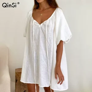 White Casual Night Dresses for Woman Cotton V Neck Ribbon Short Sleeves Mini Nightgown Breathable Sexy Nightie for Women