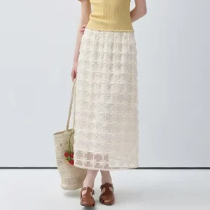 White Floral Embroidery Maxi Skirt For Women With Mesh Overlay And High Waist Casual Summer Skirt