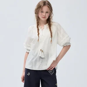 White Lace Embroidered Tassel Tie Blouse For Women With Puff Short Sleeve And Loose Fit Casual Boho Summer Shirt