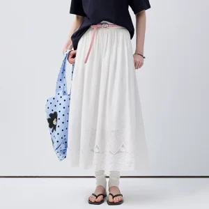 White Lace Hem Maxi Skirt For Women High Waist Flowy A-line Casual Long Skirt
