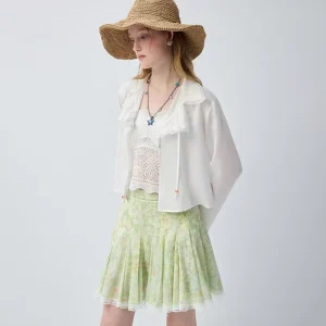 White Lace Trim Lapel Cropped Shirt For Women Long Sleeve Drawstring Front Open Lightweight Sheer Woven Casual