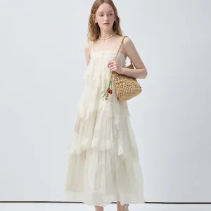 White Multi Layer Fringe Lace Tiered Midi Dress Thin Adjustable Spaghetti Strap Ruffle Neckline Woven Breathable