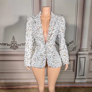 White Pearls Long Sleeves Elegant Women’s Blazer Golden Rhinestones Women’s Fashionable Short Coat