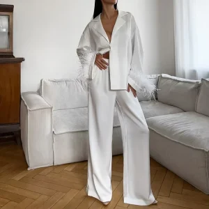 White Satin Fashionable Casual Loungewear Women Sets Feather Pajamas Two Piece Pants Set Women Clothing Fall