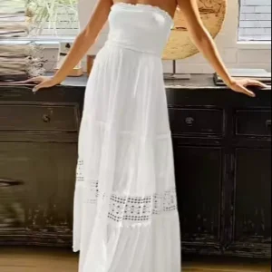 White Sexy Solid Color Elegant Long Party Dress Women’s Bra Sleeveless Lace Splice Ball Dress Plus Size Casual Women’s Dress