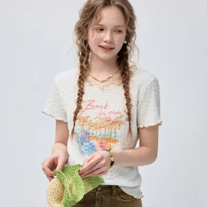 White Wavy Neck Crinkle T Shirt Women Vintage Palm Letter Print Short Sleeve Slim Fit Casual Breathable Daily Top