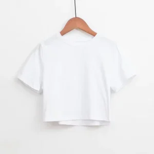 White Women’s Crop Top T Shirt Custom Logo Print Casual Style Plus Size Short Length with Embroidery Decoration