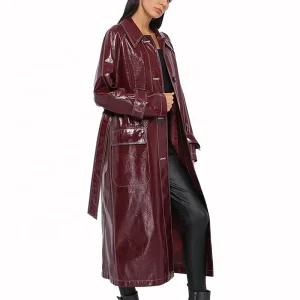 Wine Red Trench Women’s Slim Motorcycle PU Leather Coat Long Slim with Belt Women’s Leather Trench Coats