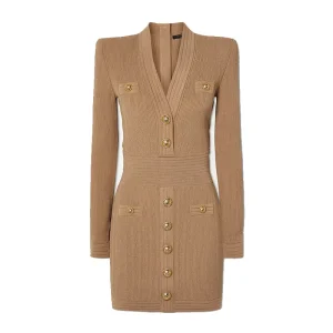 Winter A Line Simple Natural Waist Khaki V Neck Long Sleeve Women’s Knit Sweater Midi Dress
