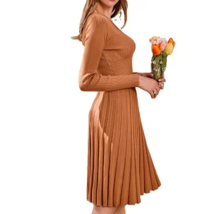 Winter A-Line Simple Round Necked Long Sleeved Ribbed Knitted Women’s Casual Sweater Dress