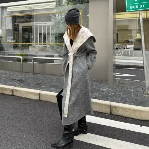 Winter Alpaca Wool 90% Wool Warm Belt Hooded Women’s Blouson Printed Lining Wool Long Coat