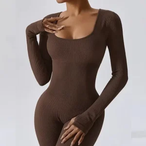 Winter Autumn Long Sleeve Square Neck Yoga Jumpsuit Tummy Control Butt Lifting One Piece Bodysuit High Stretch Romper