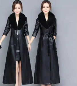 Winter Autumn Vintage Detachable Lapel Genuine Leather Plus Size Women’s Trench Coats Ladies Long Leather Coat W