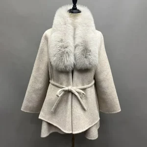 Winter Belted Cashmere Woolen Overcoat Mid Length Wool Coat Women with Real Fox Fur Collar