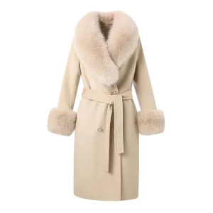 Winter Cashmere Woolen Trench Coat Women Long Wool Coat With Fox Fur Collar