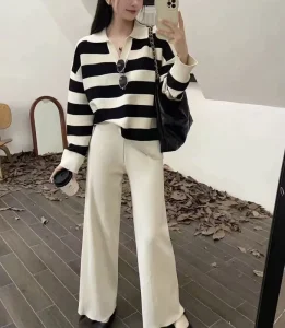 Winter Casual Lapel Striped Ankle Length Women’s Sweater Loose Pullover Wide Leg Pants Knitted Set