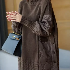 Winter Coffee Color Turtleneck Sweater Thick and Loose Outer Wear Fashion Age-reducing Stitching Women’s Top