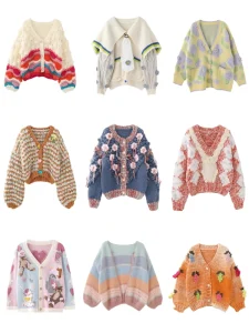 Winter Crocheted Embroidery Flowers Cardigans Women’s Long Sleeve Button up Collar Wool Viscose Sweater
