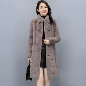 Winter Fashion Plus Size Women’s Black Faux Mink Fur Overcoat with Plaid Pattern Outerwear