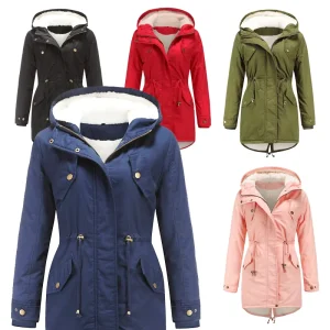 Winter Fashion Women’s Parkas Coats Hooded Plus Size Rivets Pocket Jackets Casual Fleece Line Coats Parkas for Women