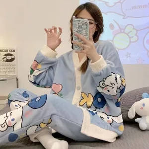 Winter Flannel Long Sleeve Cute Cartoon Thickened Warm Pajamas Women’s Cardigan Home Flannel Pajamas 2pcs Set