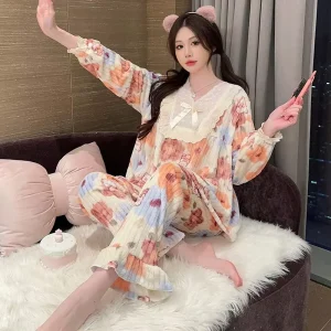 Winter Flannel V neck Lace Trim Sleepwear Cute Cartoon Pattern Women’s Pajamas Long Sleeved New Warm and Thick Nightwear