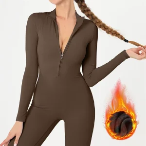 Winter Fleece Warm Women’s Sports Overalls Slimming Fit Long Sleeve Pants One Piece Set High Waist Yoga Jumpsuit Set Clothes