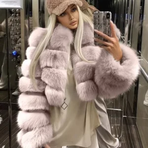 Winter Fox Faux Fur Coat Loose Plain Brown Thicken Outwear Short Overcoat Women Long Sleeve Fluffy Animal Print Jackets
