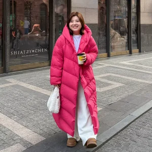 Winter High Fill Long 90 White Duck Down with Shoulder Sleeves and Oversized Women’s Hooded Down Jacket
