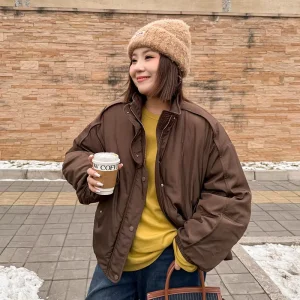 Winter Jacket with Raglan Sleeves and Double Door Placket Retro Workwear Style Plus Size Women’s Cotton Jacket