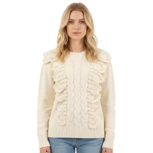 Winter Knitting Lace Women’s Sweater Cardigan Handmade Knitting Sweater Long Sleeve Crew Neck Striped Knit Sweater